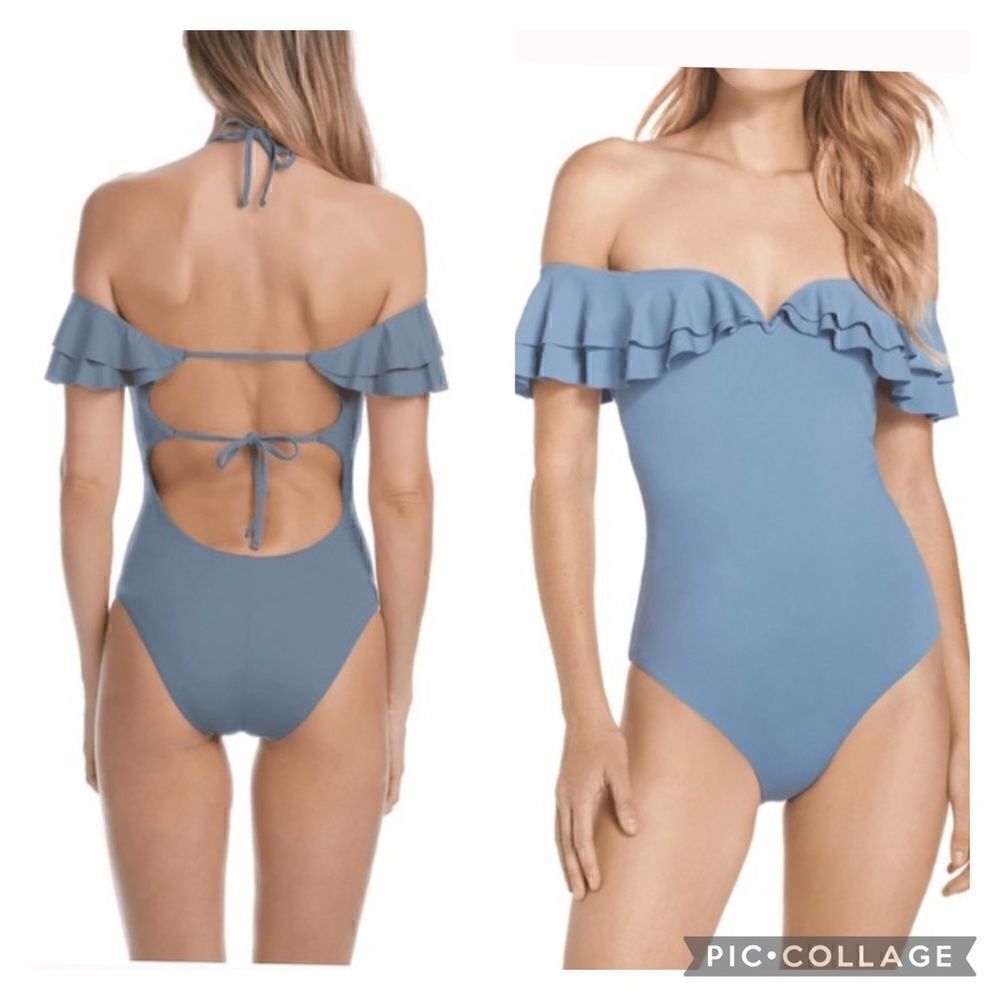 BEECA by Rebecca Virtue steel blue tiered ruffle off the shoulder swimsuit